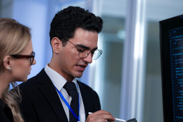 Positive code review vibes. Smiling tech lead guides colleague explaining successful script screen reflects collaborative synergy modern development hub winning team builds next big thing now.