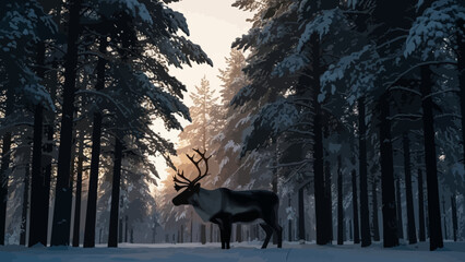 Majestic reindeer standing tall in a snowy winter forest at sunset, creating a serene and magical Christmas holiday mood with beautiful light