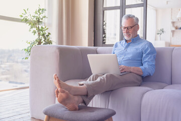 Relaxed old mature elderly senior man working on laptop sitting on the sofa in the living room, typing, e-learning, shopping online at home indoors. Active seniors, home office, remote work concept