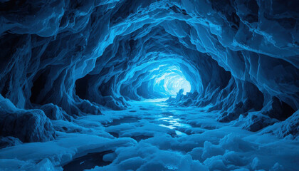 A blue ice cave with light at the end of the passageway