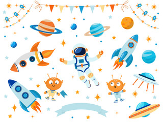 A bright set with space elements for decorating a children's party with an astronaut, planets, and rockets.