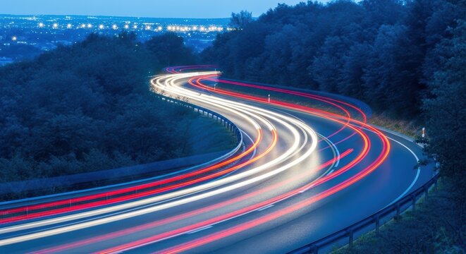 Captivating nighttime highway with vibrant light trails conveying speed and technological advancement