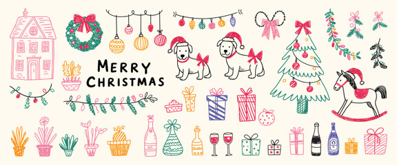 Christmas Whimsical Icon Set In Hand-Drawn Illustration Style Featuring Holiday Tree With Bow, Festive House, Seasonal Wreath, Cute Dogs, Winter Garland, And Party Disco Ball Sketch Elements