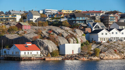 A serene coastal town scene featuring wooden houses, Kristiansund