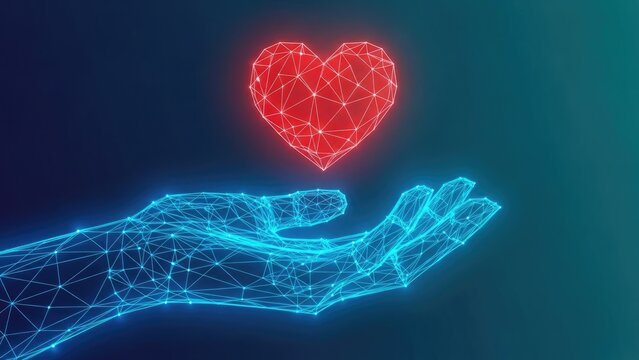 Abstract digital hand holding a glowing red heart made of geometric shapes and lines