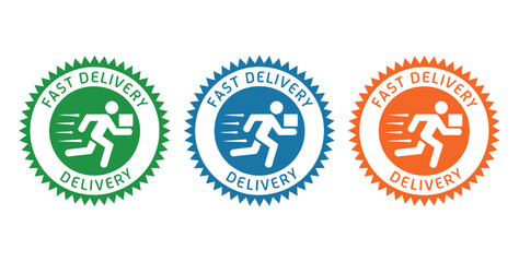Three fast delivery badges showing a runner carrying a package in green, blue, and orange.