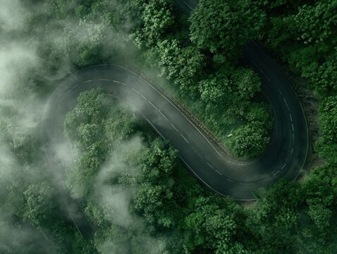Aerial shot of winding road curving through lush green forest on a misty day. - Powered by Adobe