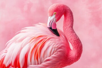 Fototapeta premium Pink flamingo decoration with vibrant pink feathers standing on a light pink background