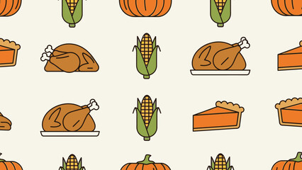 A repeating pattern of Thanksgiving dinner elements, including turkey, pie, and corn.