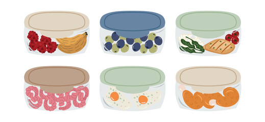 Set of containers with healthy meals. Vector illustration of meal prep and light eating.