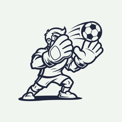 Monochrome line art illustration of a soccer goalkeeper mascot making a save.