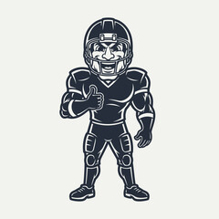 Cartoon American football player mascot giving a thumbs up gesture, depicted in a strong and confident black and white illustration style.