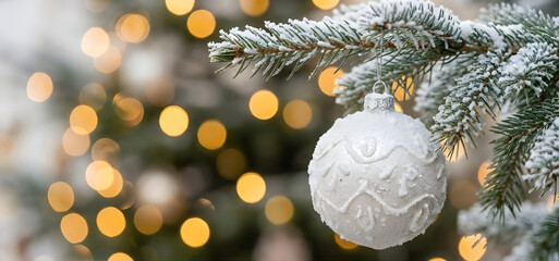 Macro close-up photograph of a frosted white Christmas ornament on a snowy spruce branch with warm golden bokeh lights background.