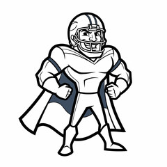 A black and white line art illustration of a muscular superhero American football player mascot with a cape.