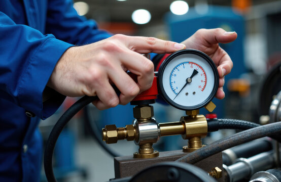Technician checks pressure gauge in an industrial workshop while adjusting controls