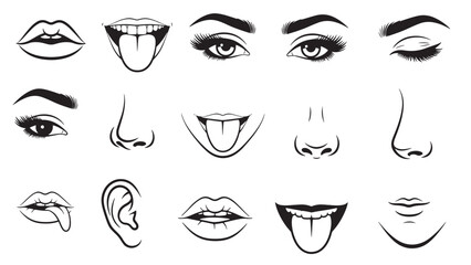 Collection of black and white vector facial features isolated on white background