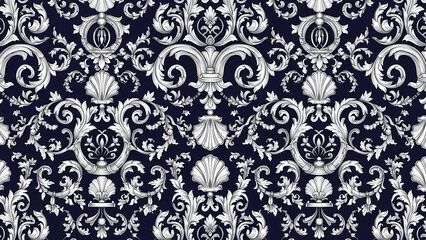Fototapeta premium Ornate white baroque pattern with seashells and floral elements on a dark navy blue background