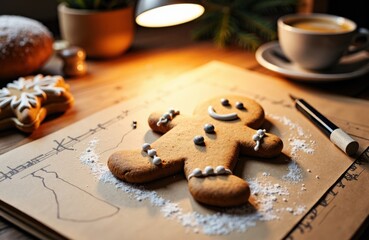 Gingerbread cookie resting on parchment with icing details and sugar dust