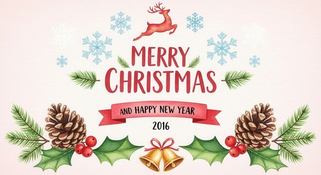 Watercolor illustration of a merry christmas and happy new year greeting card design with festive elements like reindeer and pine cones - Powered by Adobe