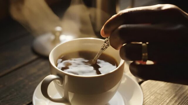 A cup of coffee on a wooden table. A hand is stirring it with a spoon. Steam rising
