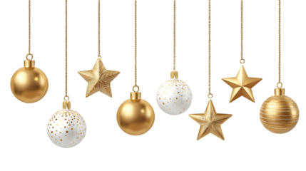 PNG golden Christmas ornaments hanging top border on transparent background