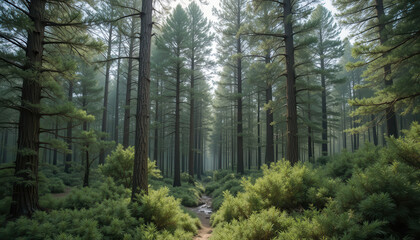 Fototapeta premium Pathway through a dense forest with tall trees and greenery