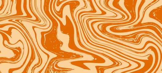 Retro caramel line background. Salted caramel liquid desert texture. Wavy swirl candy pattern for poster, cover, banner, pamphlet. Orange hippie wallpaper in 60s or 70s style.