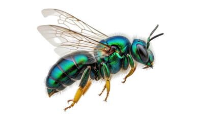 Isolated Green Orchid Bee closeup, beautiful metallic insect, in flight, pollinator, tropical © Lysander