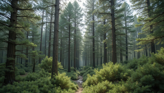 Pathway through a dense forest with tall trees and greenery