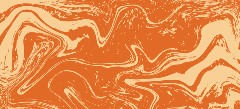 Retro caramel line background. Salted caramel liquid desert texture. Wavy swirl candy pattern for poster, cover, banner, pamphlet. Orange hippie wallpaper in 60s or 70s style.