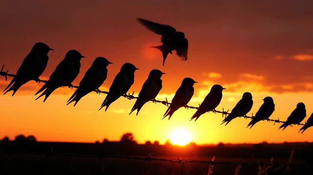 Silhouetted birds perch on a barbed wire fence against a vibrant, fiery sunset.  One bird takes flight as others remain still