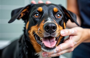 Dog with black and tan coat being gently petted by hands showing joyful expression