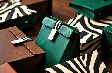 Green handbag among patterned and leather boxes arranged on wood table