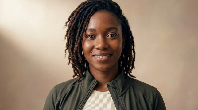 A confident close-up portrait of an Afro-American woman with styled dreadlocks.