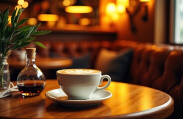 Coffee cup resting on a warm wooden cafe table with soft bokeh lights and ambiance