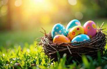 Obraz premium Colorful Easter eggs sit in a rustic nest bathed in warm sunlit garden light