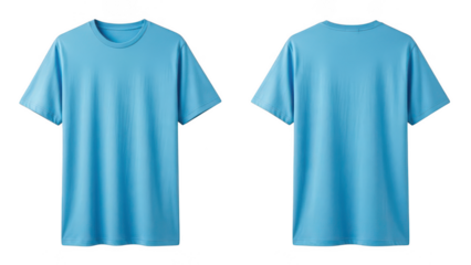 Two light blue t shirts front and back view isolated on transparent background