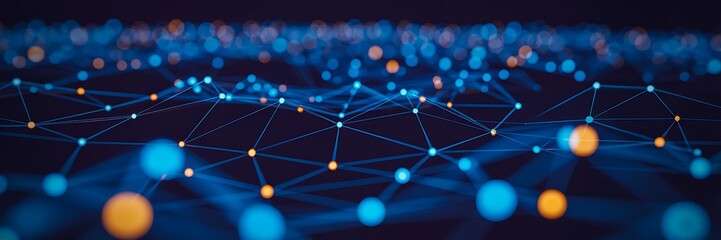 Abstract digital network with glowing blue and yellow nodes on dark background  
