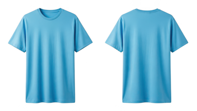 Two light blue t shirts front and back view isolated on transparent background