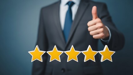 Exceptional service is here! Businessman gives five star rating with a thumbs up, showing customer satisfaction and positive online reviews for your brand
