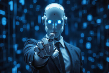 AI robot pointing, pushing & gesturing with digital data technology background