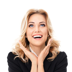 Portrait image - shocked looking up businesswoman with expressive open eyes, mouth, isolated over...