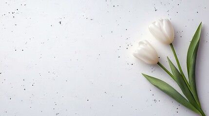 Two white tulips with green leaves on a textured white background. Top-down view, minimalist composition.