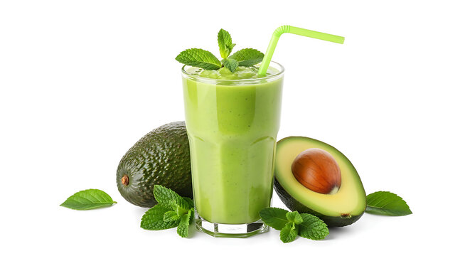 Tall glass of vibrant green avocado smoothie with fresh mint leaves and whole and halved avocados isolated on white background - Powered by Adobe