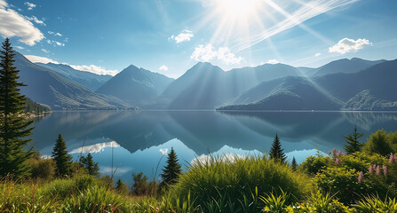Scenic mountain landscape with a blue lake reflecting the summer sky and clouds