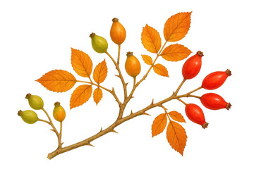 Obraz premium Rosehip branch with colorful autumn berries and golden leaves, natural botanical illustration with transparent background
