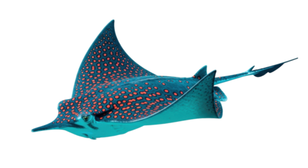 Isolated Spotted Eagle Ray floats against a clean backdrop with a long, barb-tipped tail