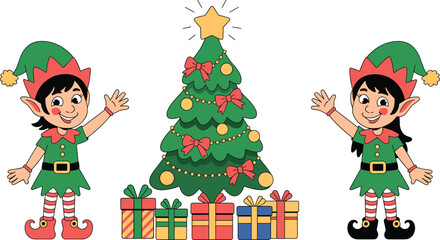 Cheerful Christmas elves with decorated tree and colorful gifts celebrating festive holiday spirit in joyful winter wonderland illustration scene.