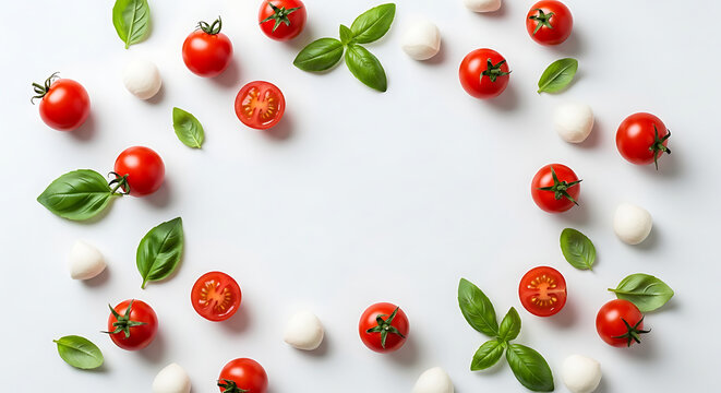 Fresh cherry tomatoes and basil leaves arranged in a circle on a white background isolated on white background