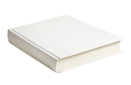 A blank white hardcover book rests on a transparent background with its pages slightly fanned out